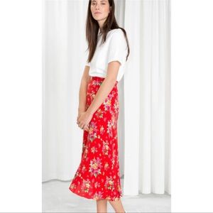 & Other Stories Floral Red Midi Skirt